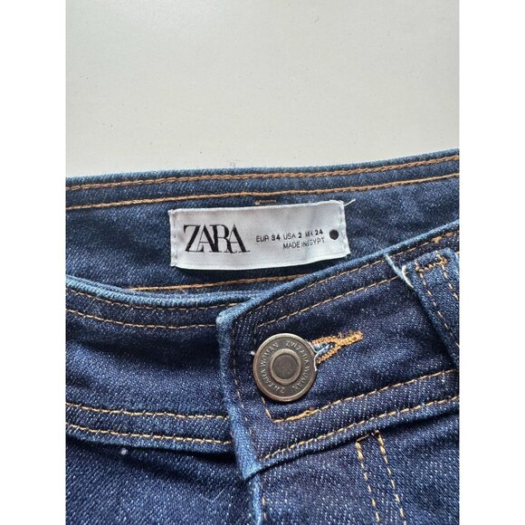 ZARA Dark Indigo Front Pocket High Rise Wide Leg Raw Hem Jeans, Size 2/24 - Picture 12 of 14